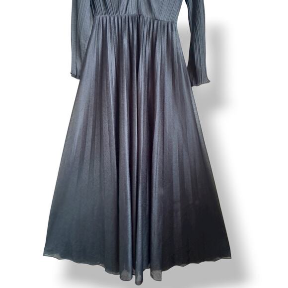 Miss Rubette Vintage Black Pleated Maxi Dress Sheer Sleeves 60s 70s Sz 12 - Picture 8 of 11